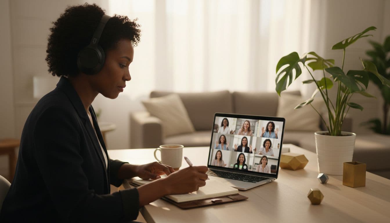 Female entrepreneur participating in a virtual coworking session from a cozy home office