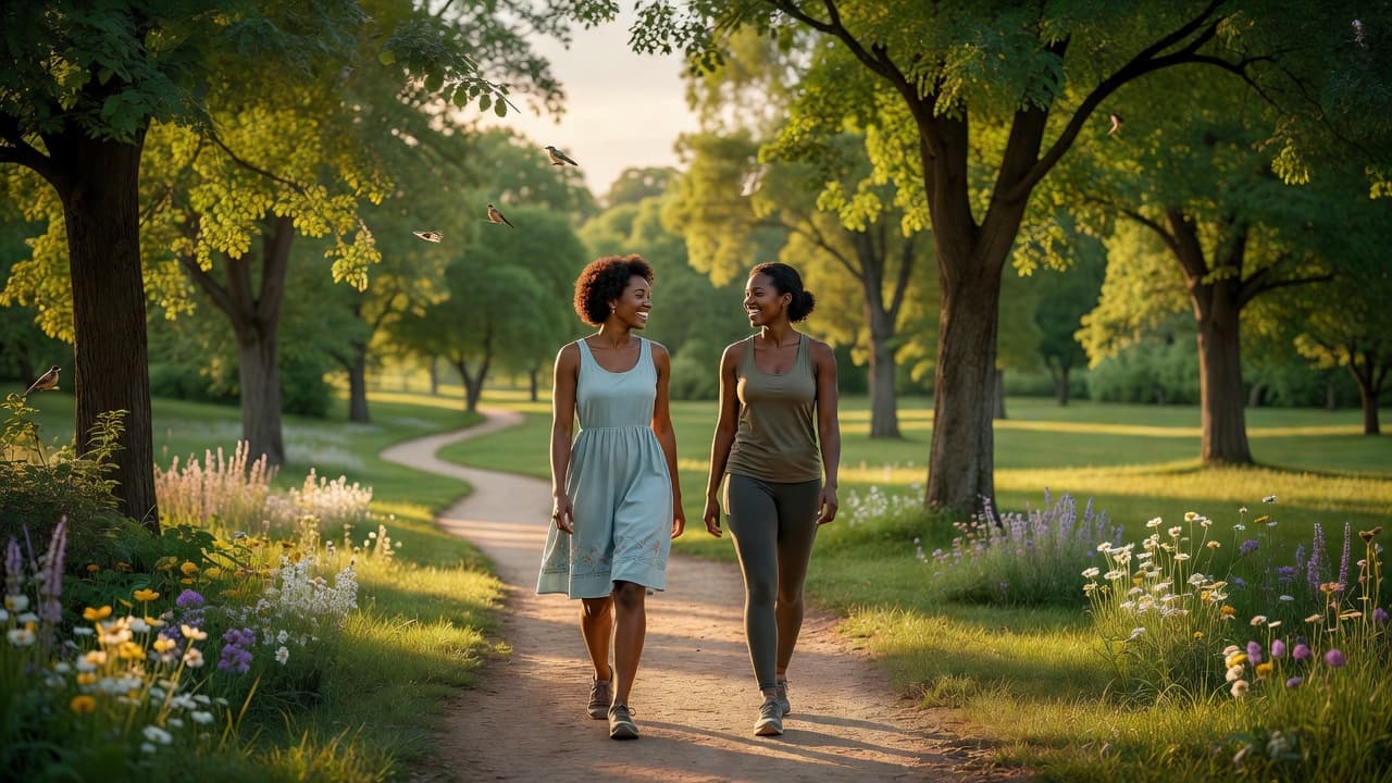 Two women walking together outdoors and enjoying an active lifestyle