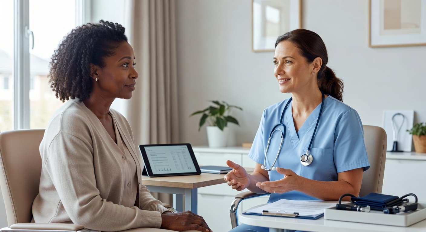 Black woman speaking with a healthcare professional during a preventive wellness appointment.