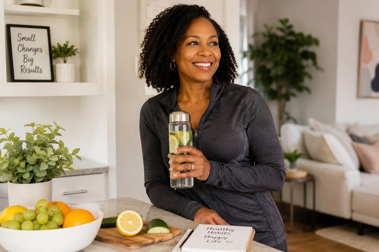 Smiling woman holding a water bottle in her kitchen while building healthy daily habits
