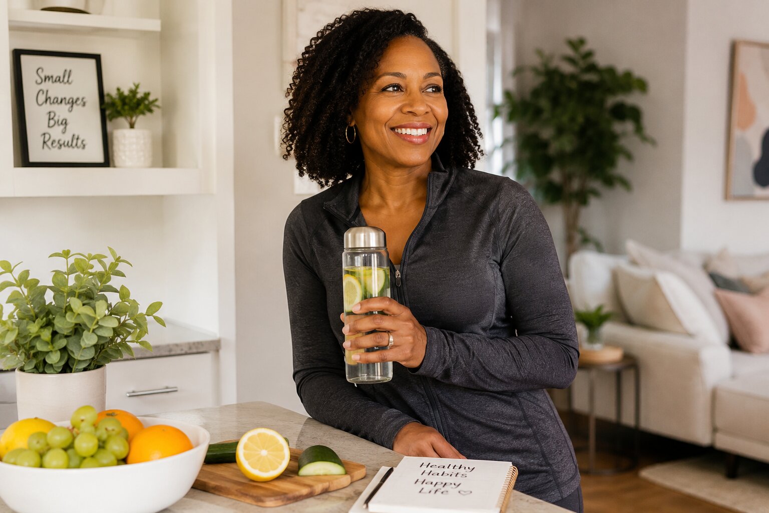 Smiling woman holding a water bottle in her kitchen while building healthy daily habits
