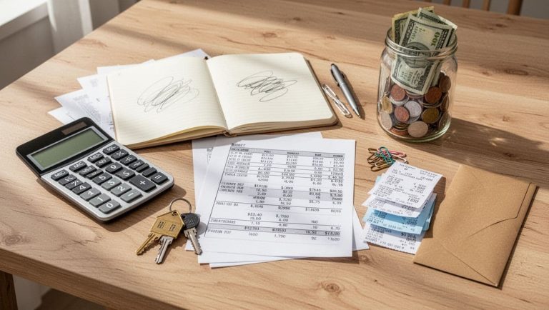 Calculator, household budget documents, savings jar, receipts, and house keys arranged on a table for home repair budgeting.
