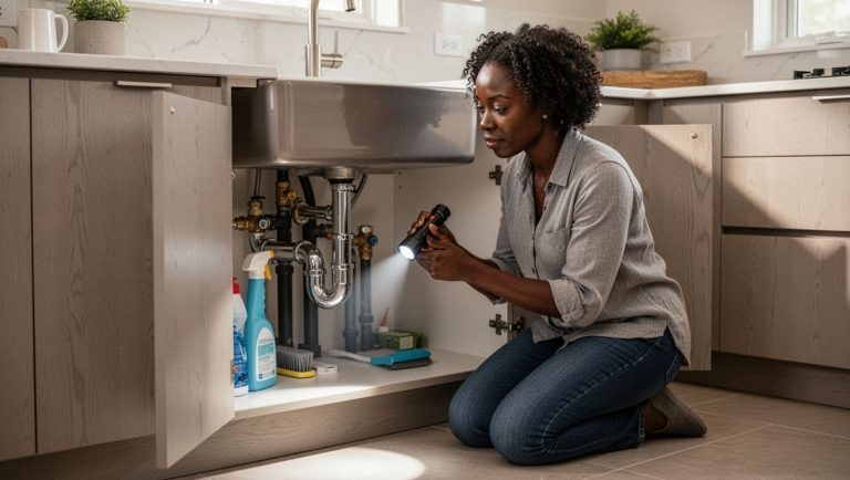 Homeowner inspecting plumbing under a kitchen sink for hidden water leaks.