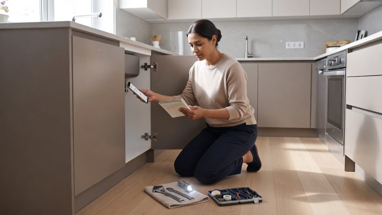 Homeowner inspecting plumbing under a kitchen sink while deciding whether to complete a DIY repair.