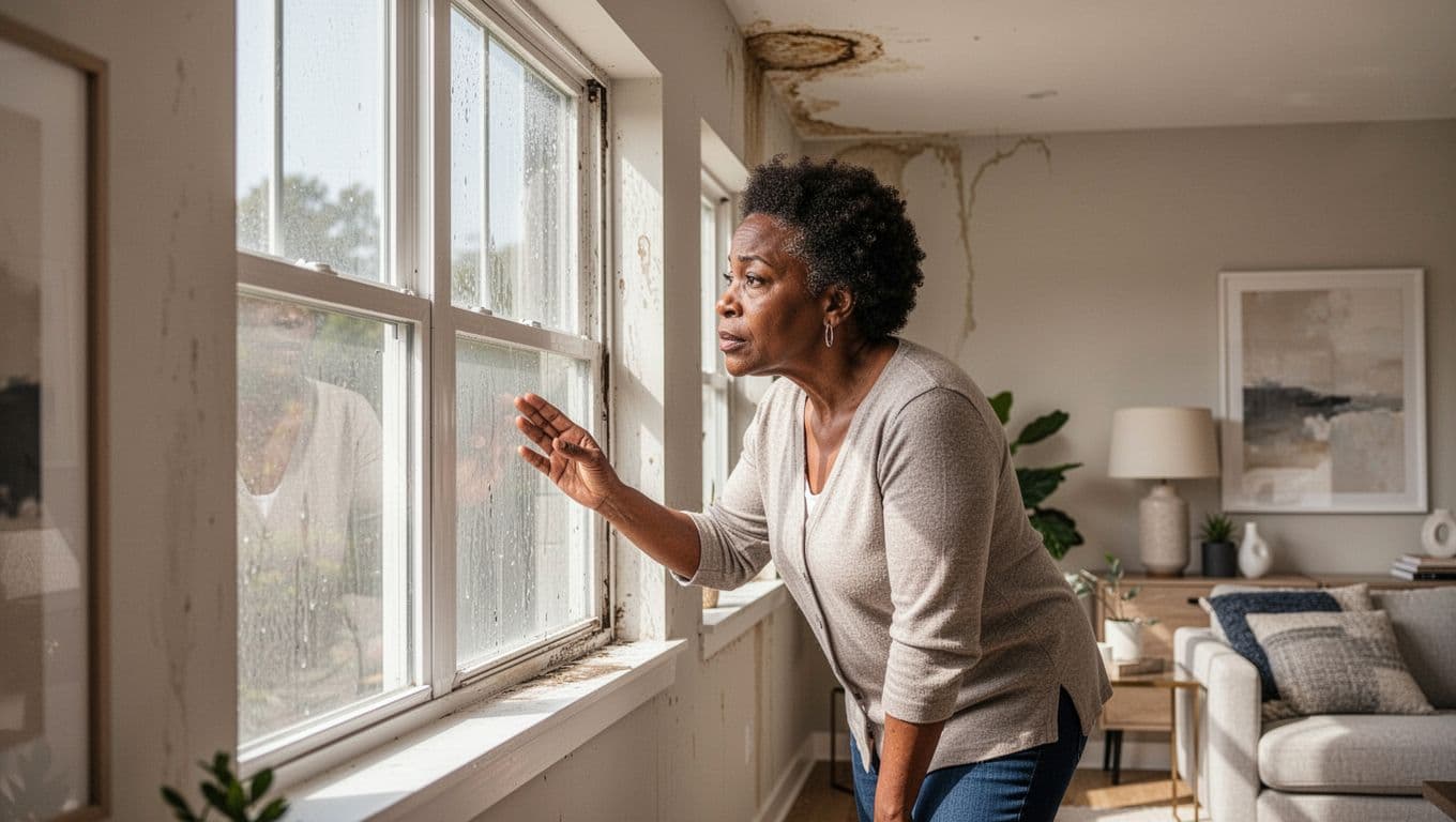 Homeowner checking walls and windows for signs of hidden water damage inside a well-maintained home.
