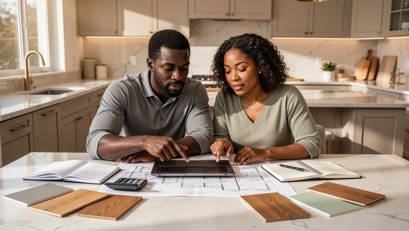 Homeowners reviewing renovation plans, design samples, and project budgets in a modern kitchen.