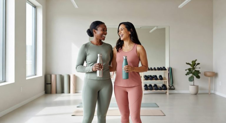 Two women smiling and chatting in a bright fitness studio while holding water bottles after a workout session.