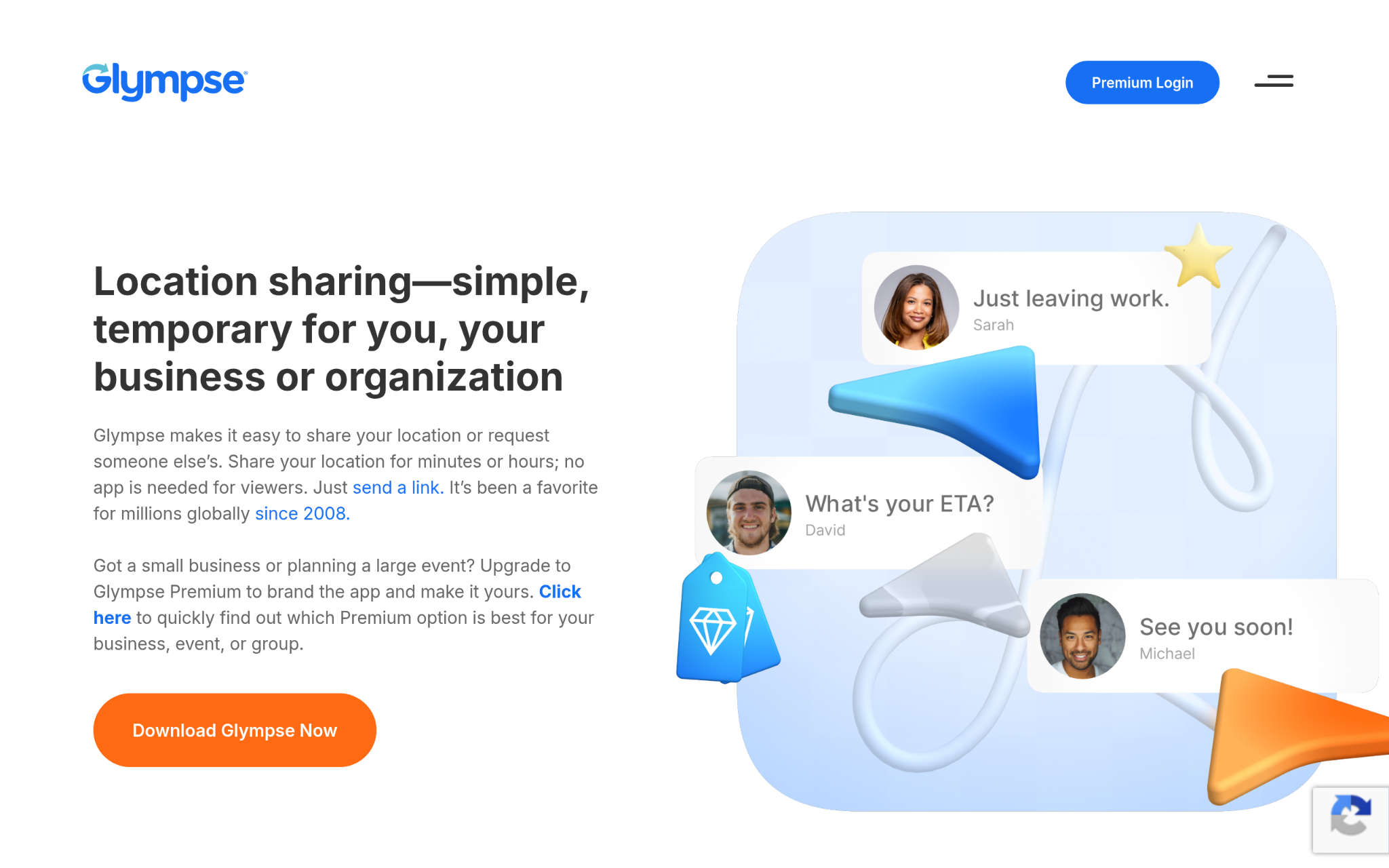 Glympse location sharing platform displaying temporary real-time location tracking and privacy-focused sharing features