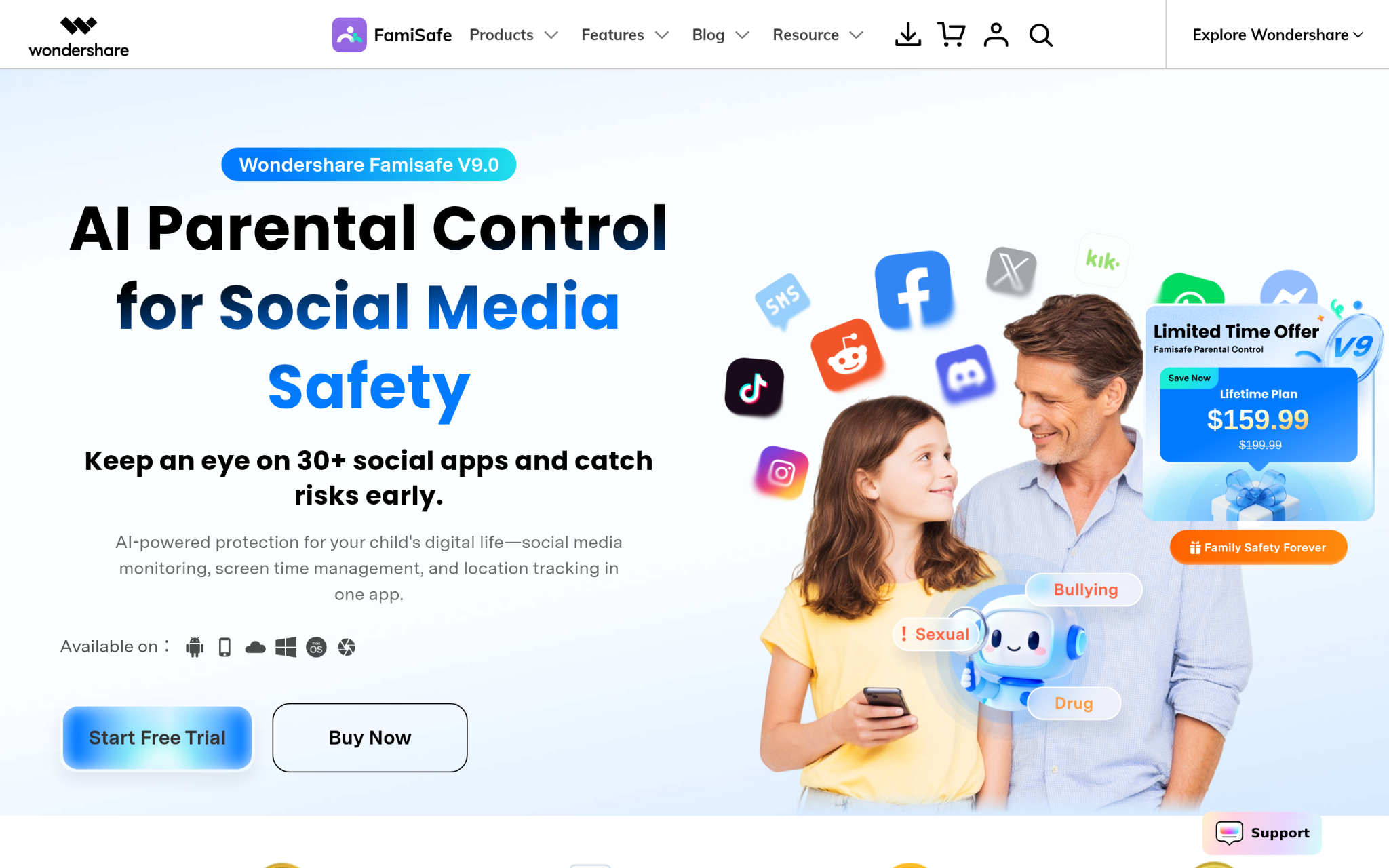FamiSafe parental control app featuring social media monitoring, location tracking, screen time management, and online safety tools