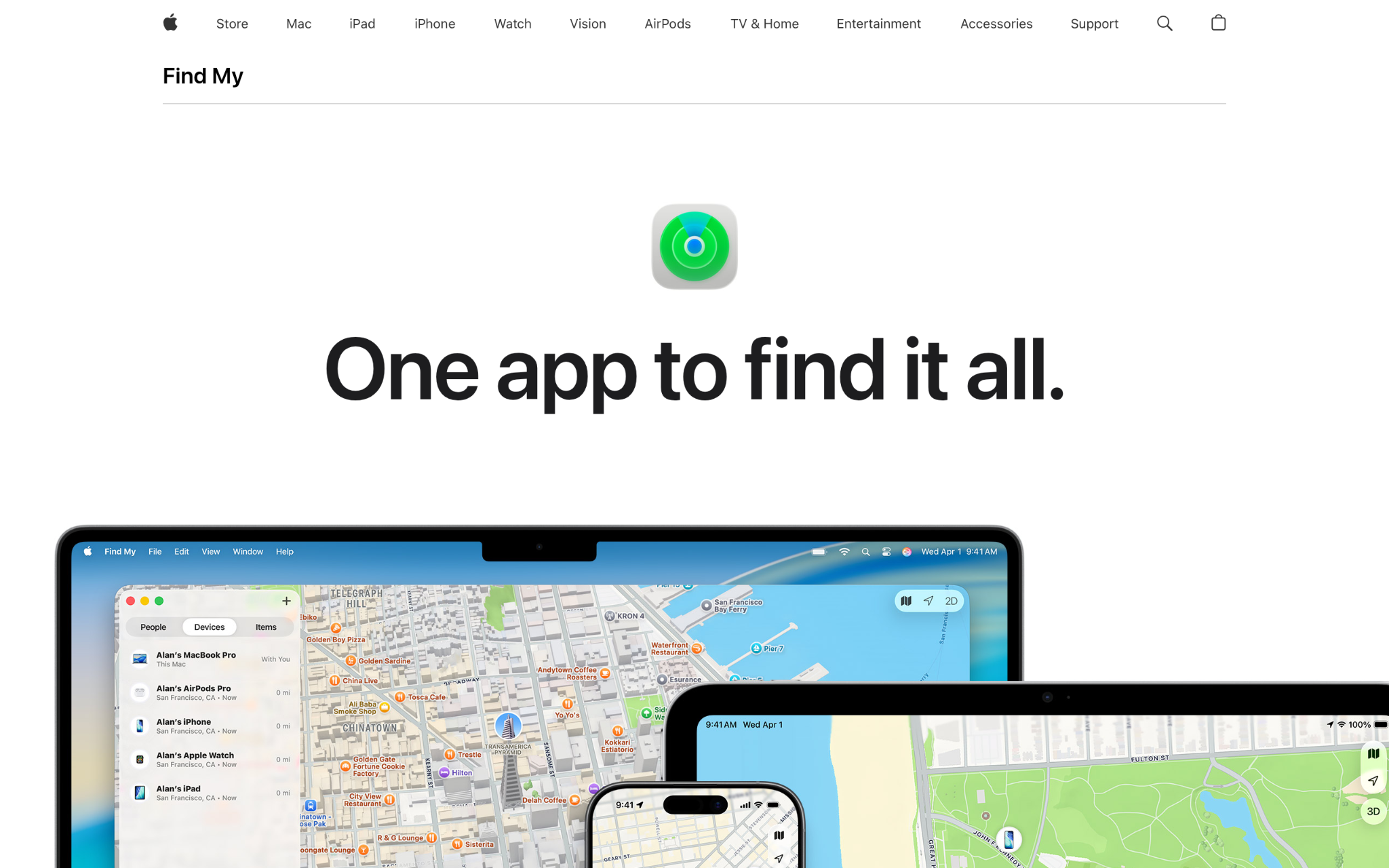 Apple Find My app displaying device tracking, family location sharing, and map-based location services across Apple devices