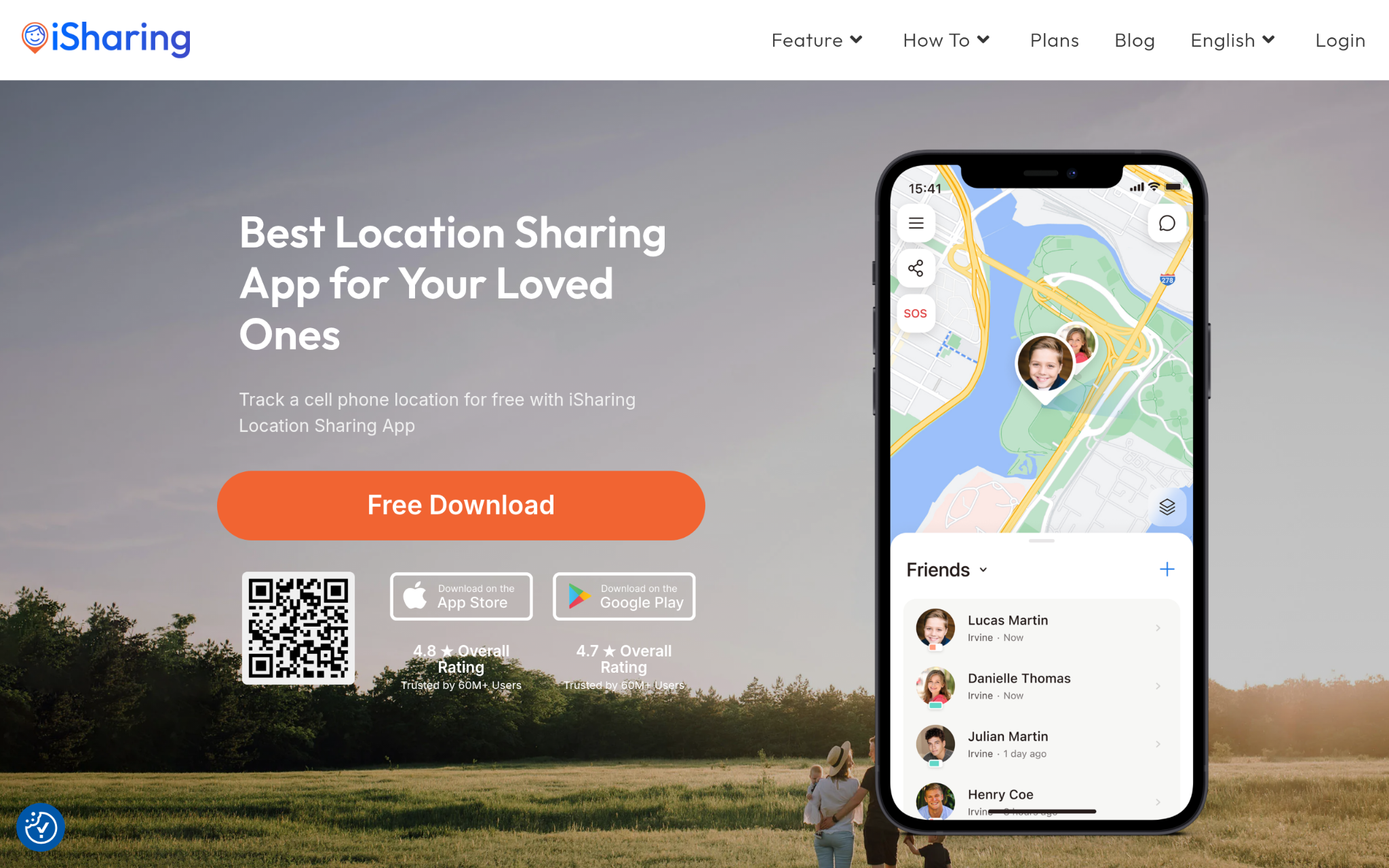 iSharing family tracking app showing real-time GPS location sharing and family member locations on a smartphone map