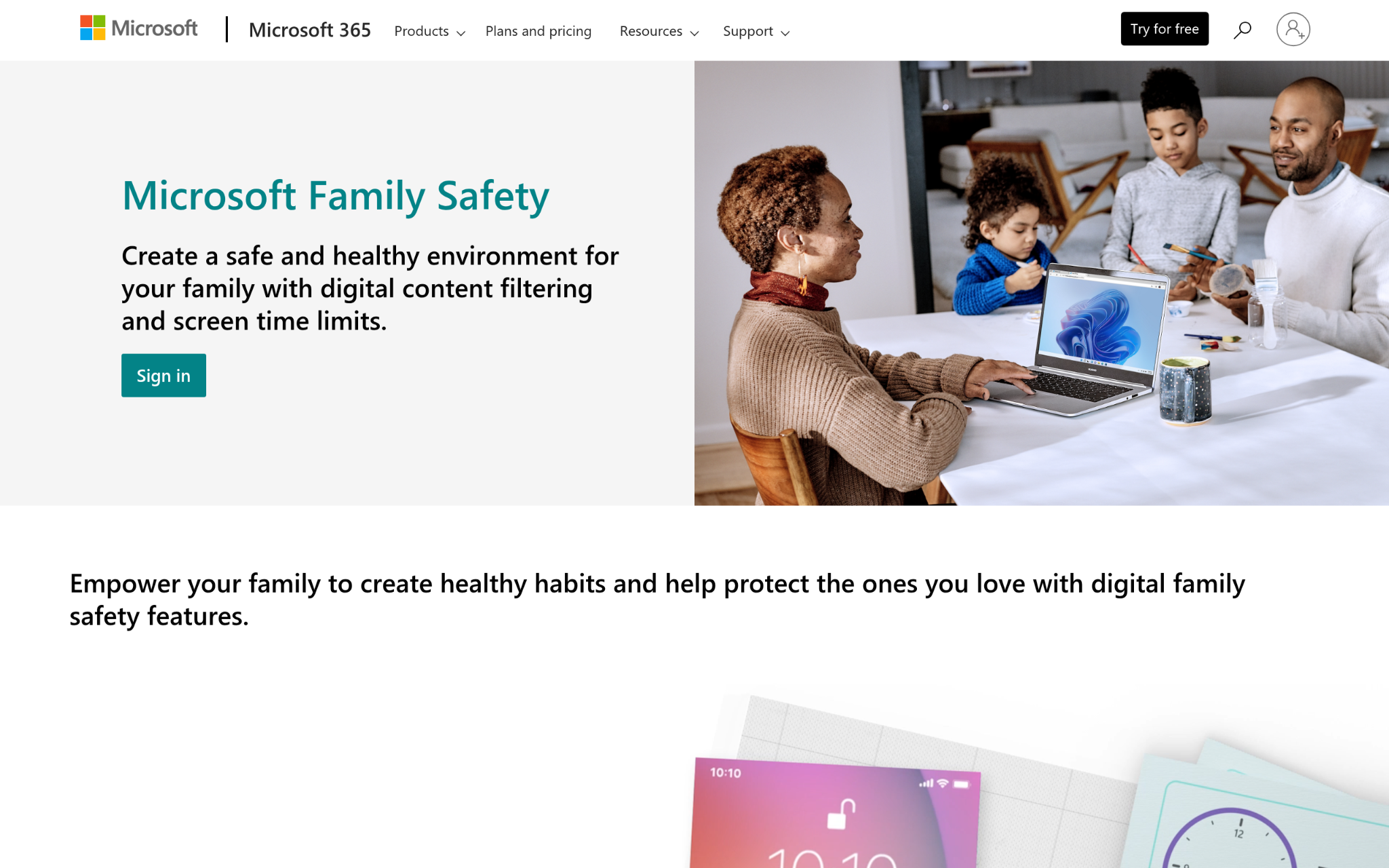 Microsoft Family Safety dashboard promoting parental controls, screen time management, content filtering, and family location sharing
