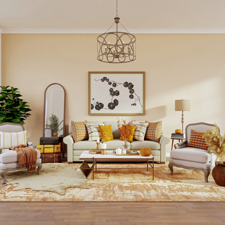 Bright and comfortable living room designed to create a healthy home environment with natural elements and cozy furnishings
