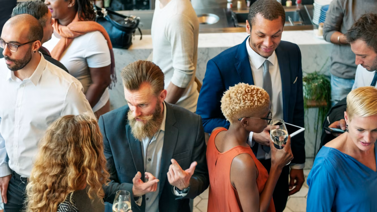 Business professionals networking and building connections at a corporate event