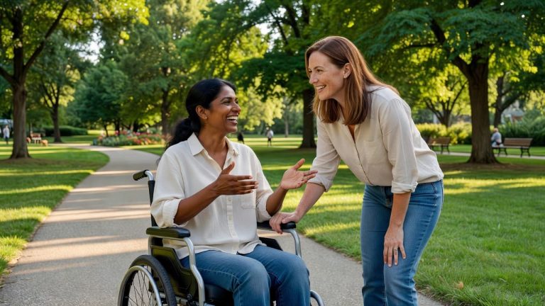 Woman using a wheelchair talking and laughing with a supportive friend in a park.