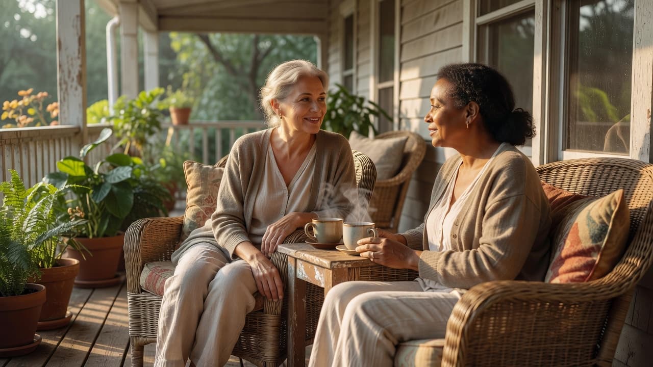 Two women sitting on a porch sharing coffee and conversation during a moment of support and connection.