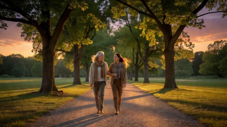 Two women walking together on a tree-lined path at sunset, representing hope, healing, and renewed family relationships.
