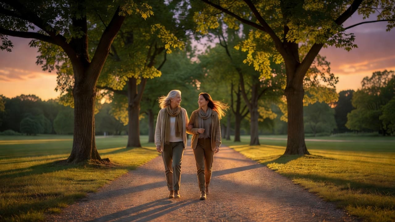 Two women walking together on a tree-lined path at sunset, representing hope, healing, and renewed family relationships.