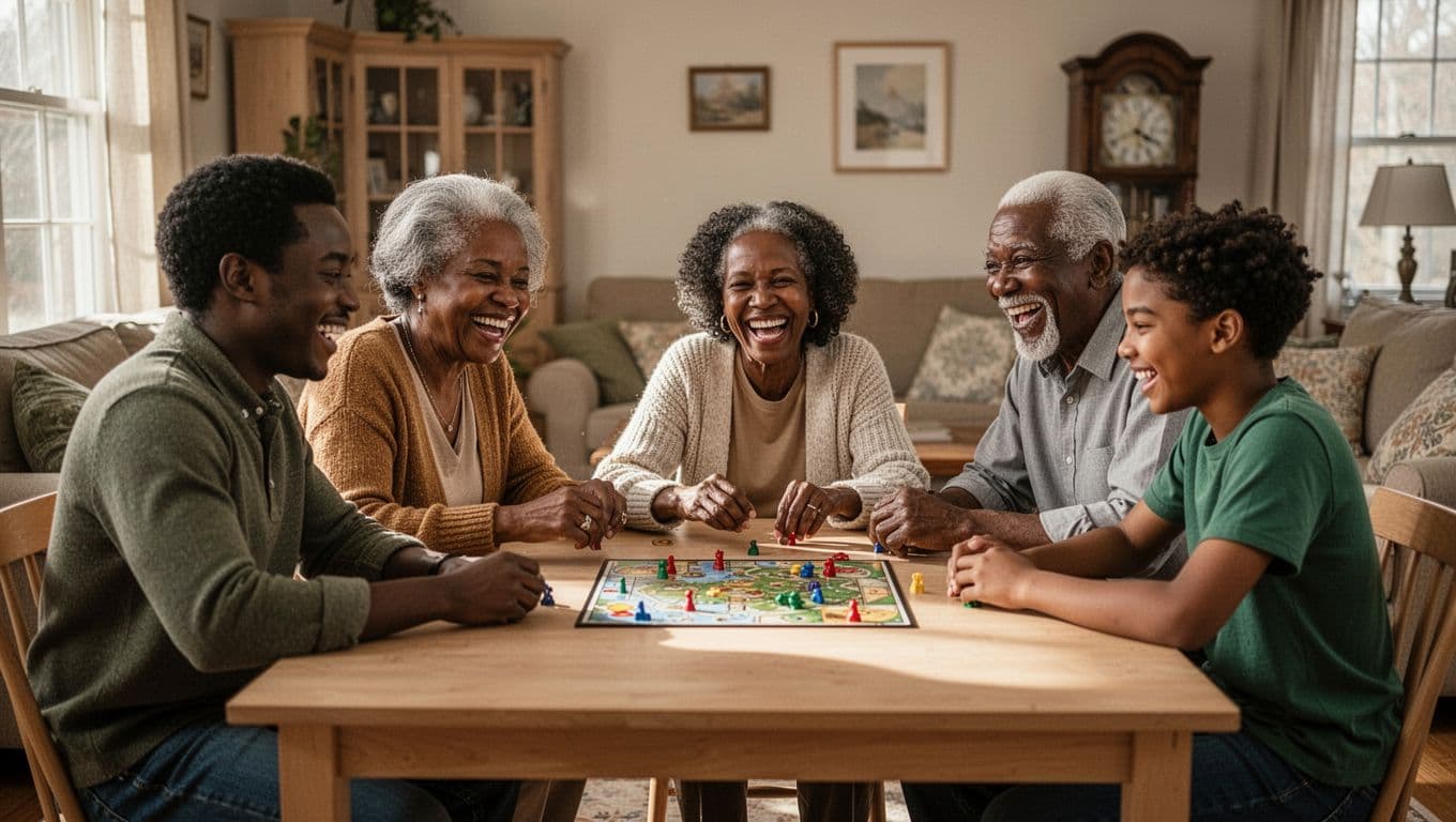 Family members gathered around a table playing a board game together