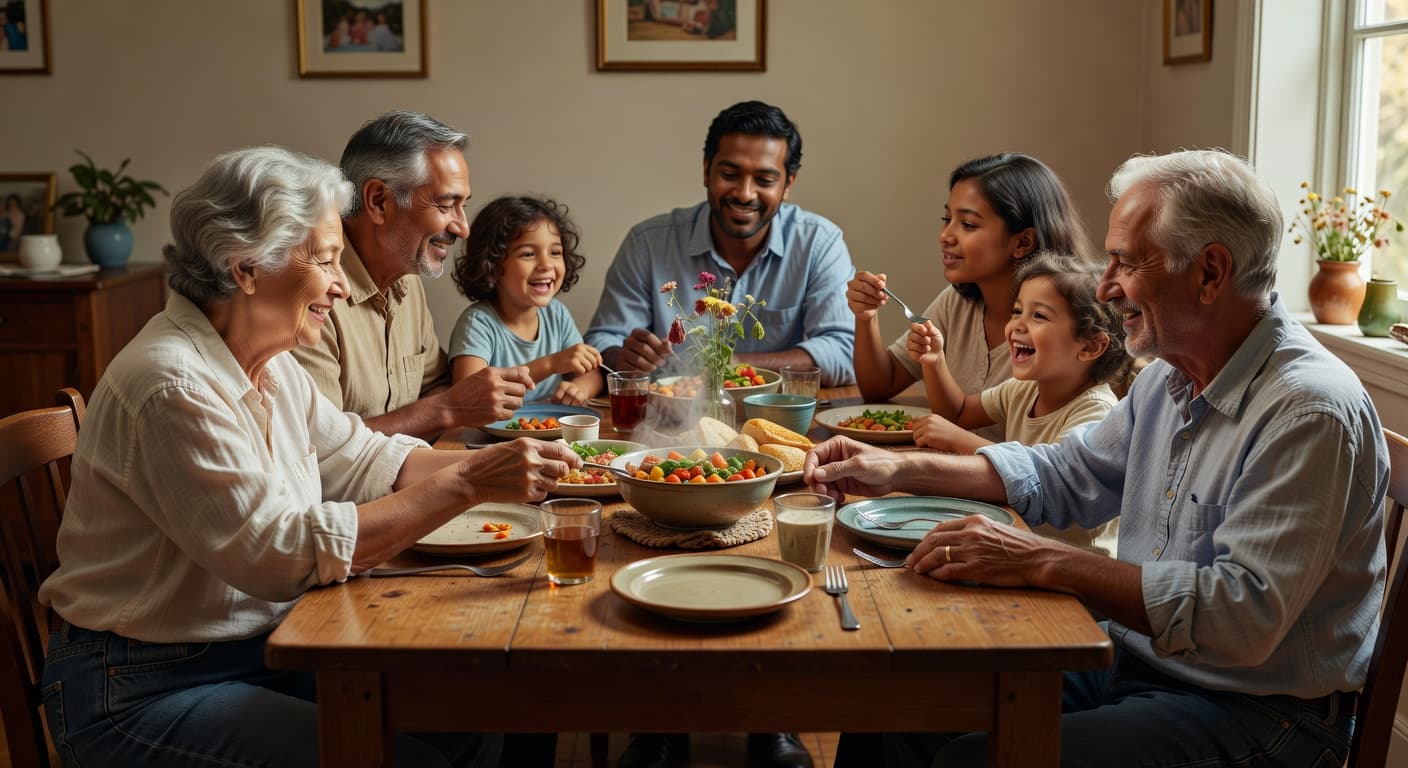 Multigenerational family gathered around a dining table sharing a meal and spending quality time together.