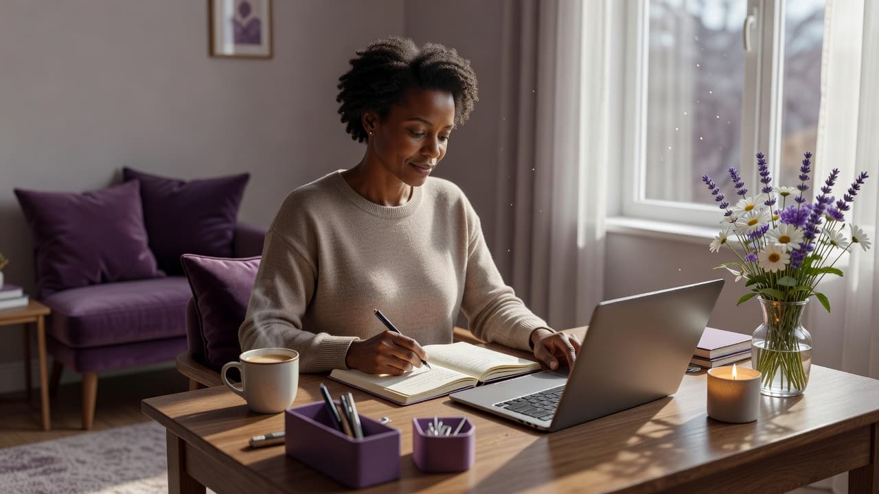 Woman journaling at a cozy desk while planning personal growth goals.