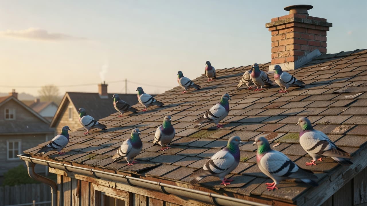 Several pigeons perched on the roof of a home, highlighting the need for professional pigeon removal