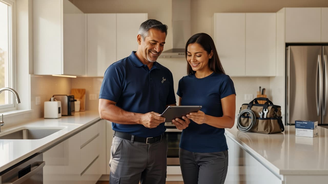 Professional plumber discussing plumbing repairs with a homeowner in a modern kitchen.