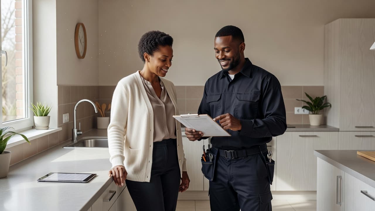 Homeowner reviewing plumbing recommendations with a professional plumber in a residential kitchen.