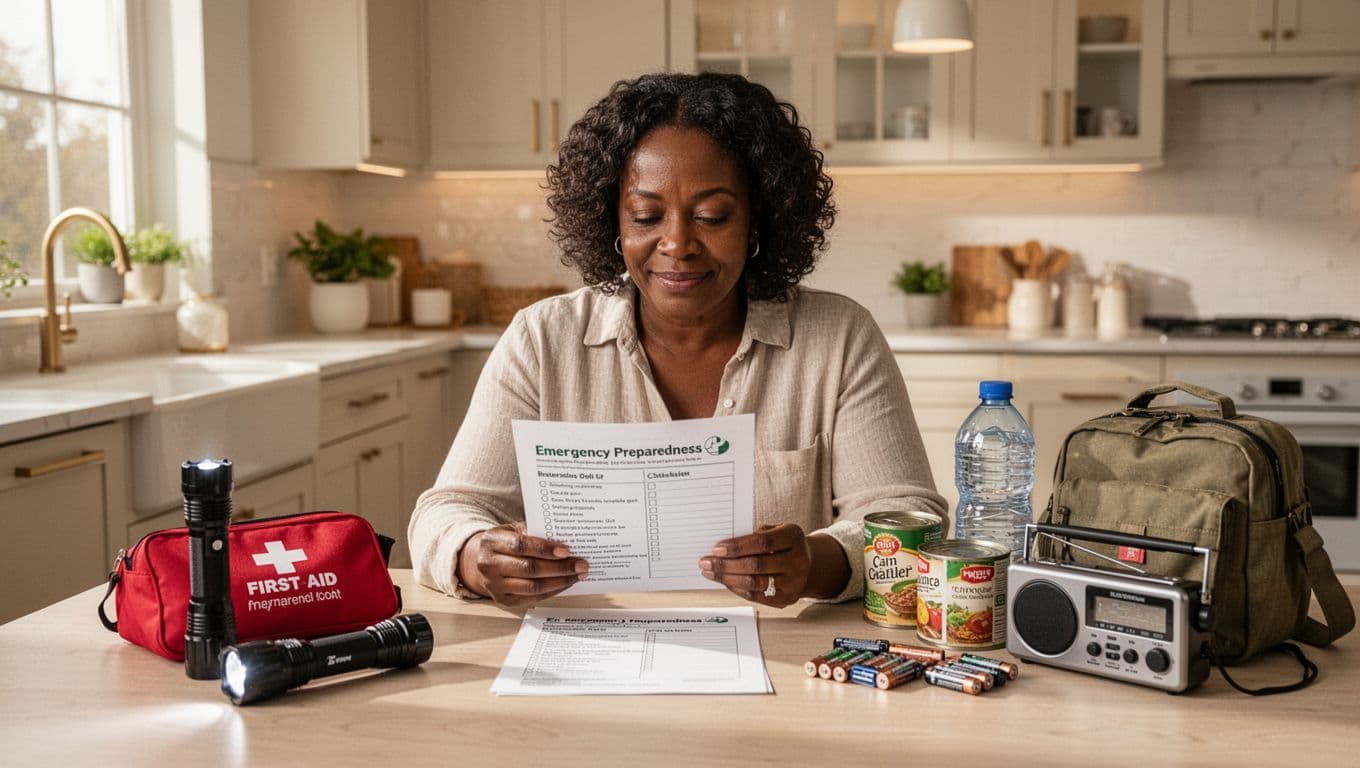 Woman reviewing an emergency preparedness checklist at home with emergency supplies, first aid kit, flashlight, food, water, and radio nearby.
