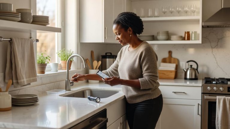 Woman checking a kitchen faucet while monitoring home plumbing maintenance in a bright, modern kitchen.