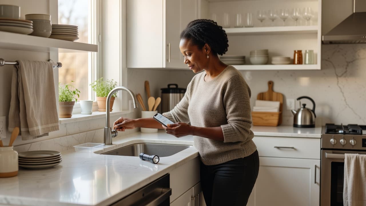 Woman checking a kitchen faucet while monitoring home plumbing maintenance in a bright, modern kitchen.