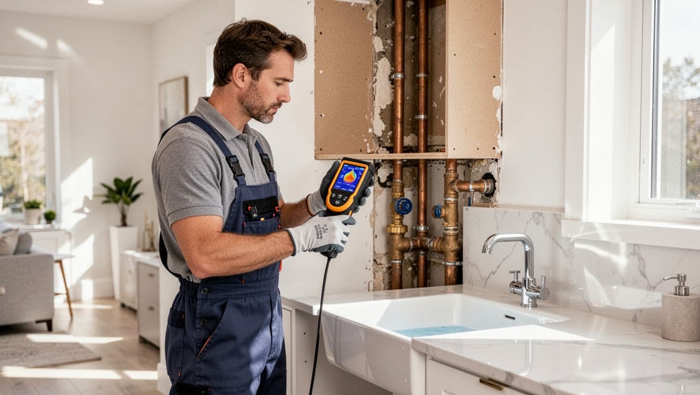 Professional plumber inspecting a home for signs of hidden water damage.
