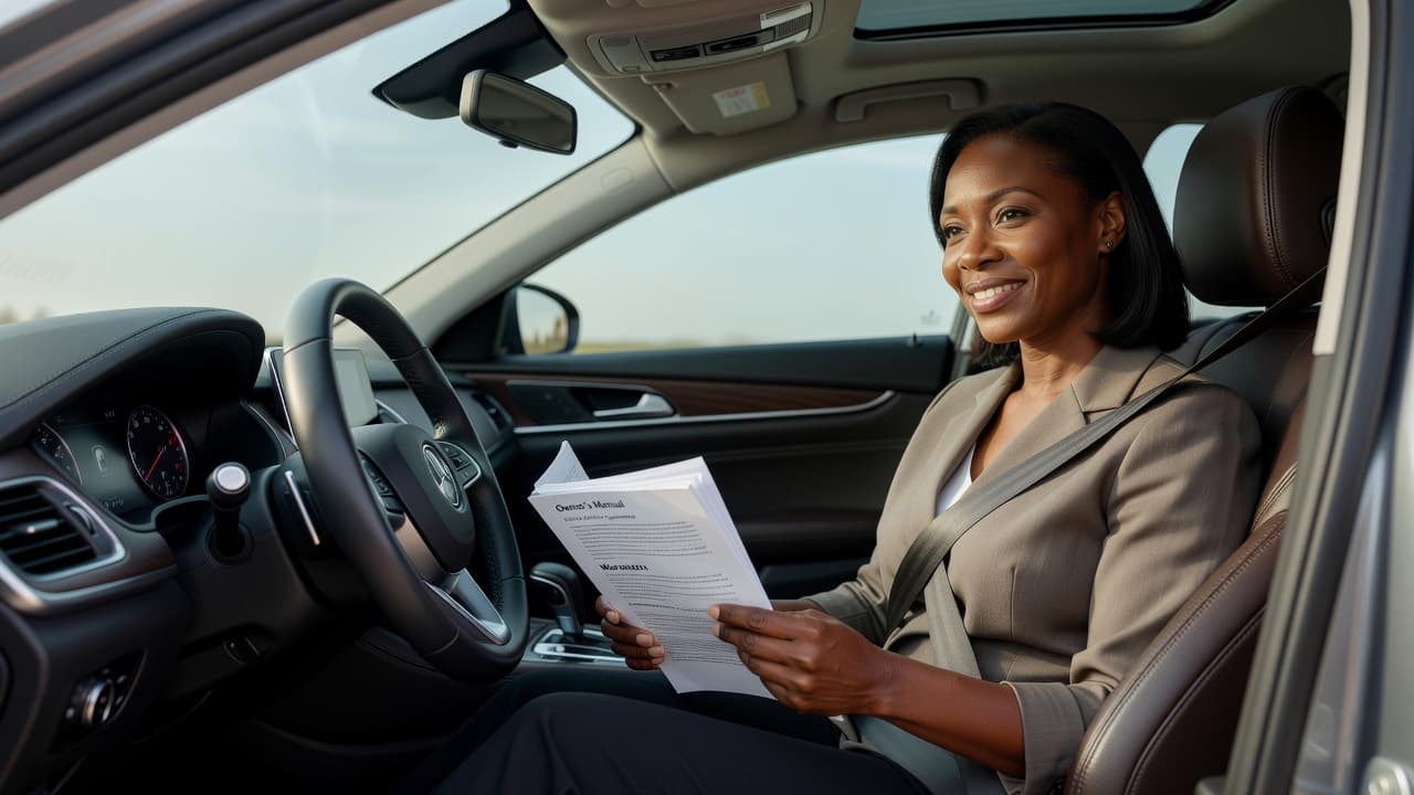 Black woman sitting in her car while reading warranty and vehicle ownership documents