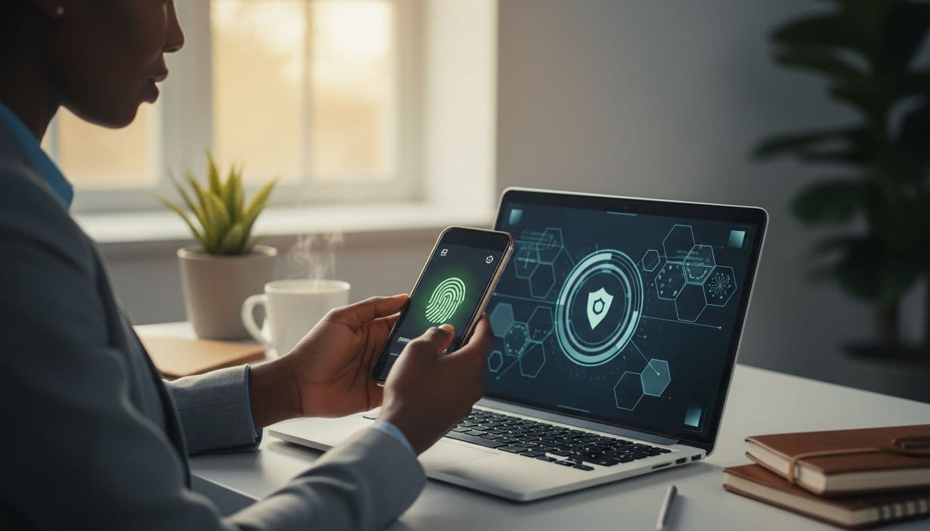 Entrepreneur using secure login verification on a phone and laptop while working remotely