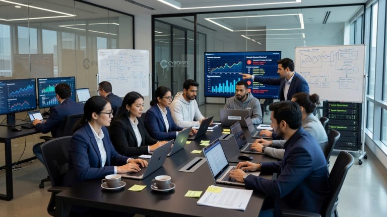 Startup team reviewing cybersecurity dashboards, compliance data, and risk management reports during a compliance automation planning meeting.