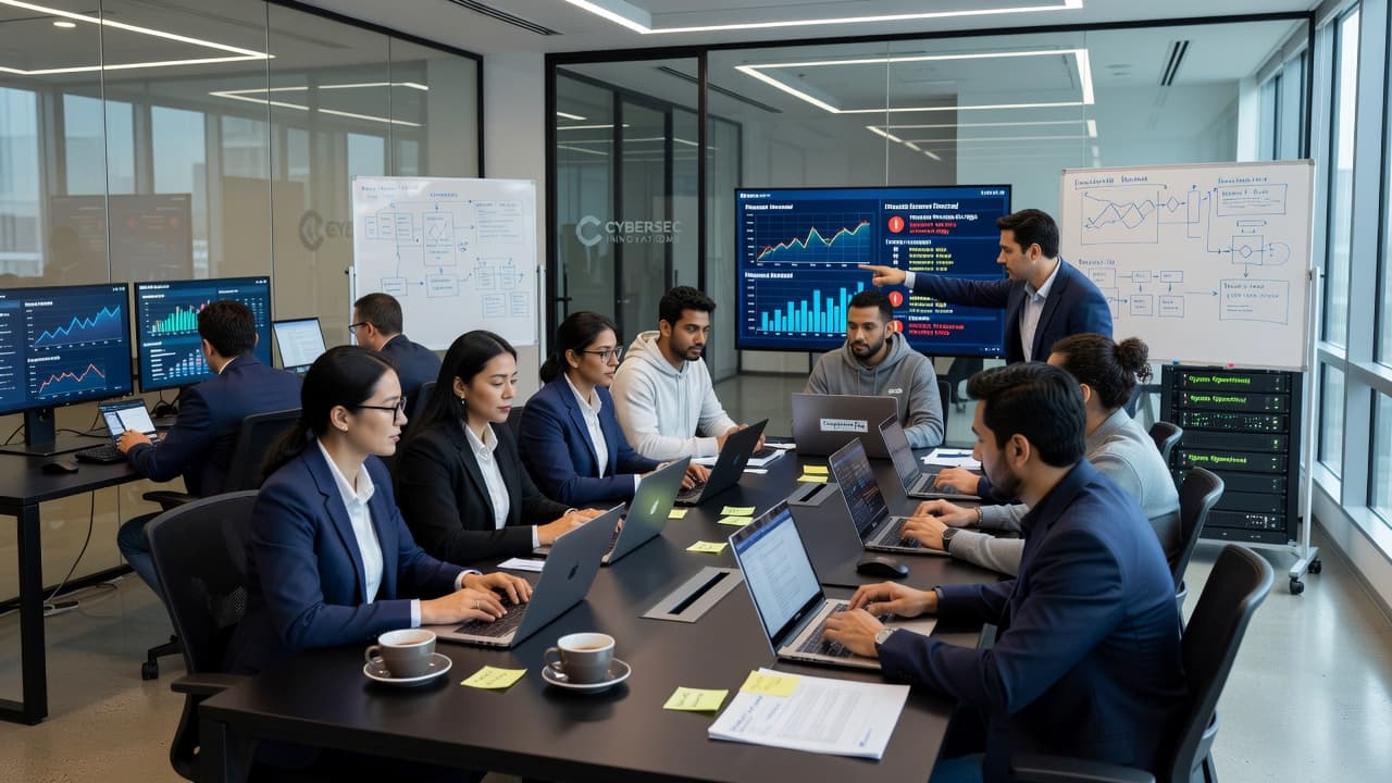Startup team reviewing cybersecurity dashboards, compliance data, and risk management reports during a compliance automation planning meeting.