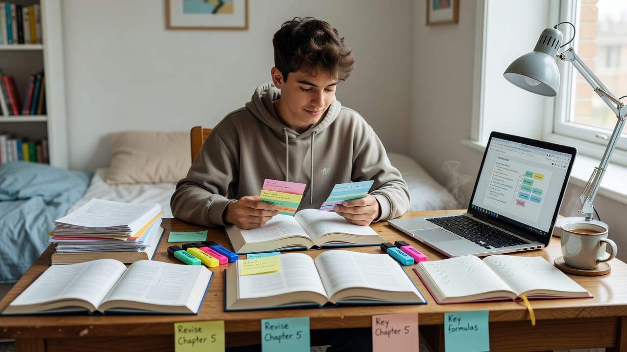 Student reviewing flashcards and study materials while preparing for GCSE exams