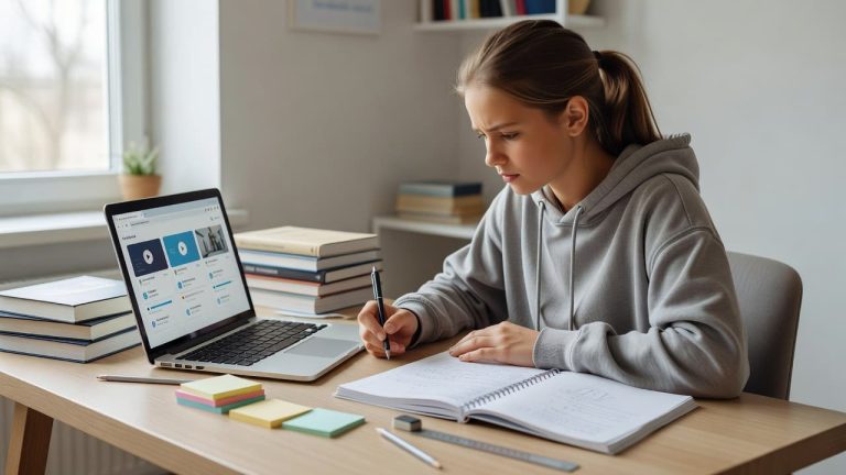 Secondary school student taking notes while using an online revision platform on a laptop