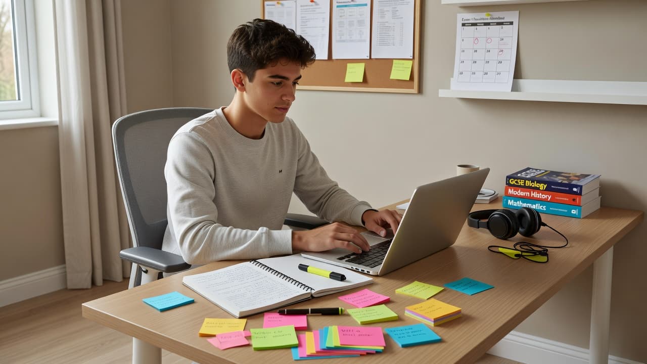 Teenage student using a laptop and study notes to prepare for GCSE exams at home