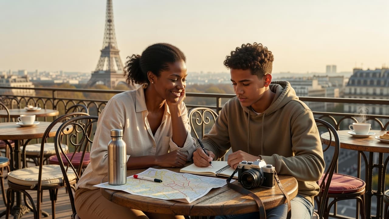 Teenager journaling during travel while exploring a new city with a parent