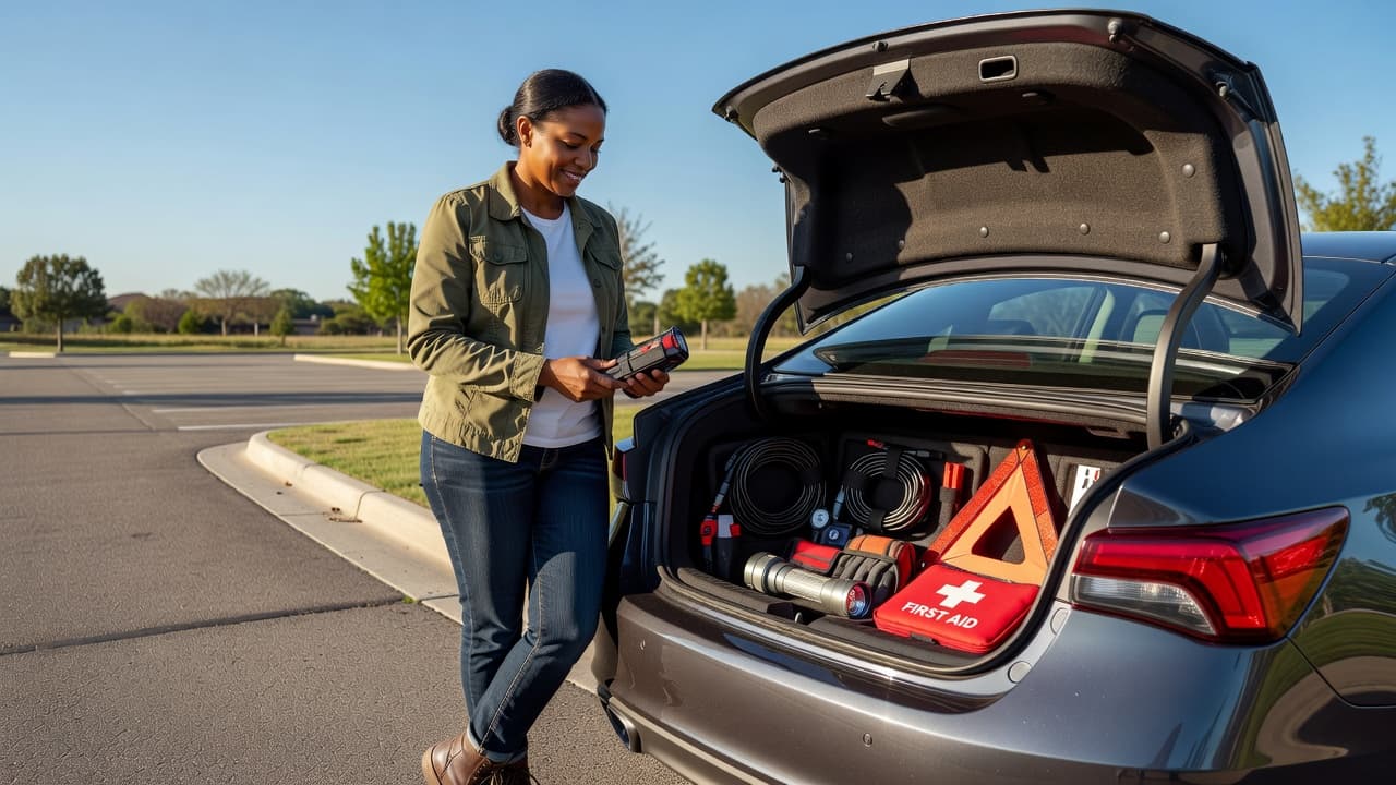 Woman checking an emergency roadside kit in the trunk of her car