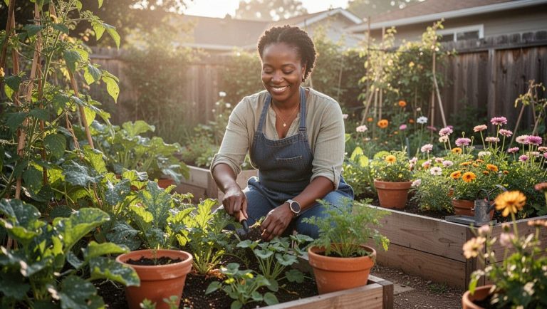 Woman tending a garden as she practices intentional habits that support personal growth