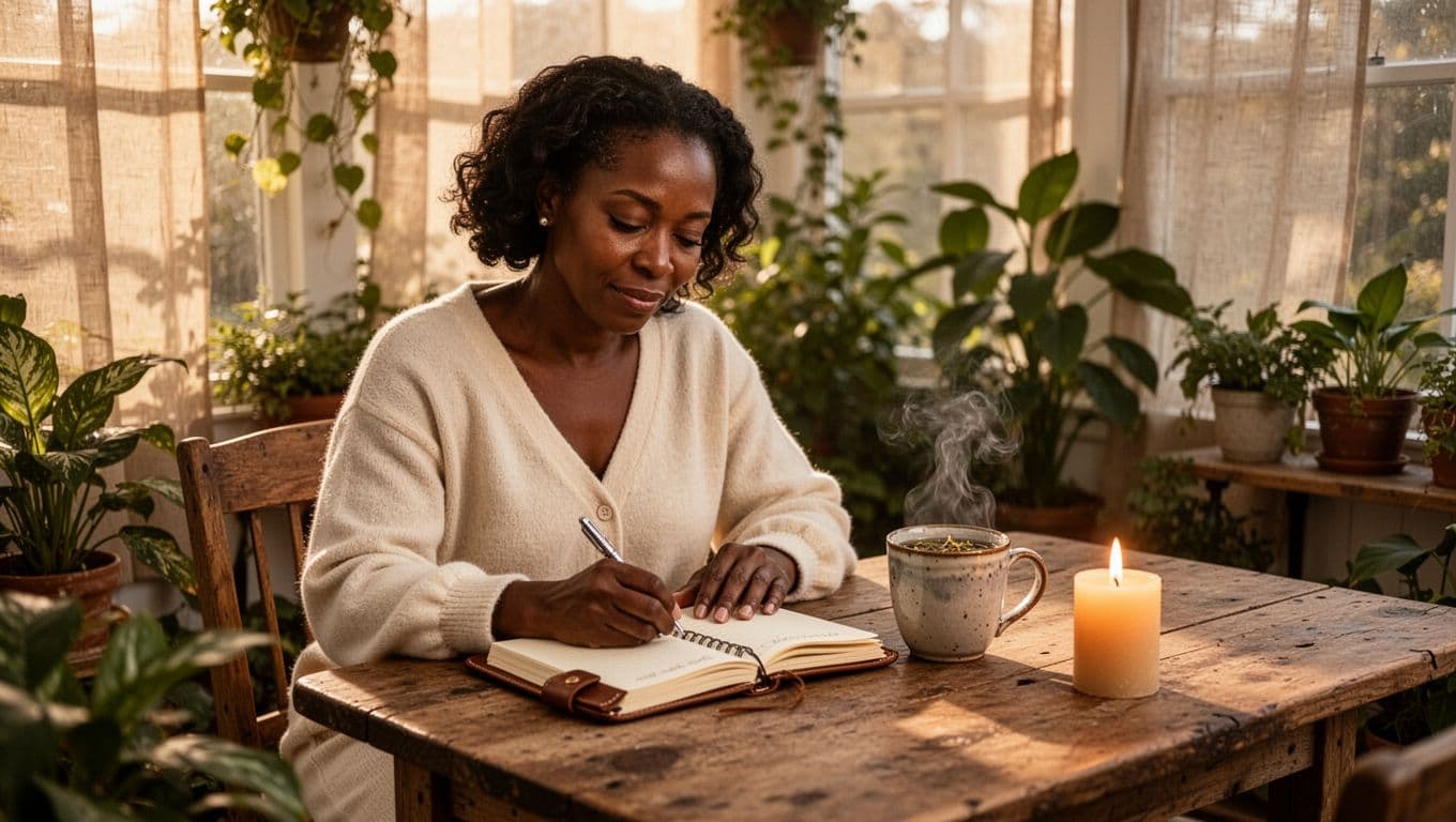 Woman journaling at a wooden table with tea and candlelight in a cozy room