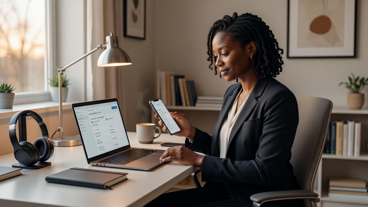 Woman reviewing security settings on a smartphone while working on a laptop in a home office