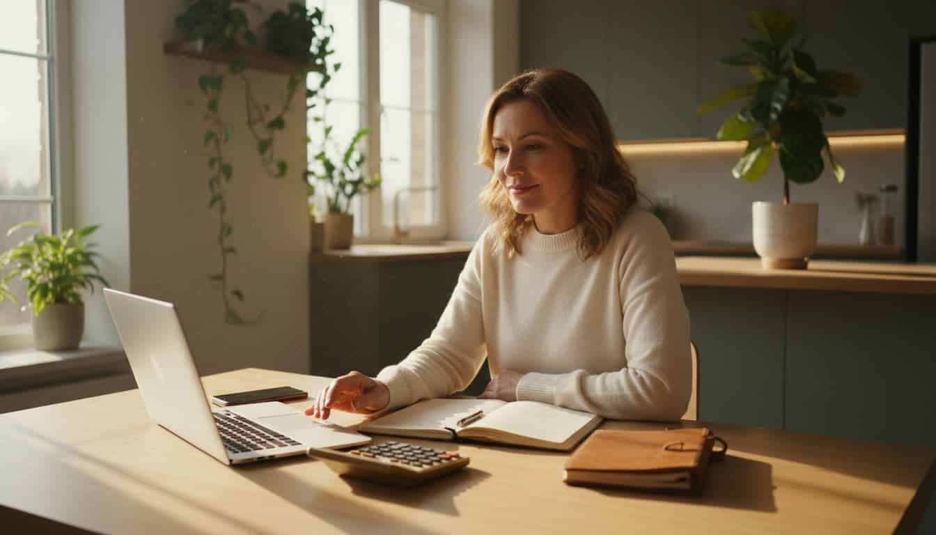 Woman using a laptop and calculator to organize personal finances at home