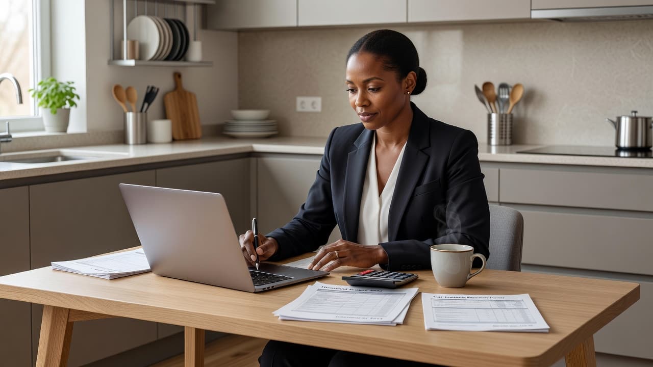 Black woman reviewing a budget and financial documents on a laptop at home