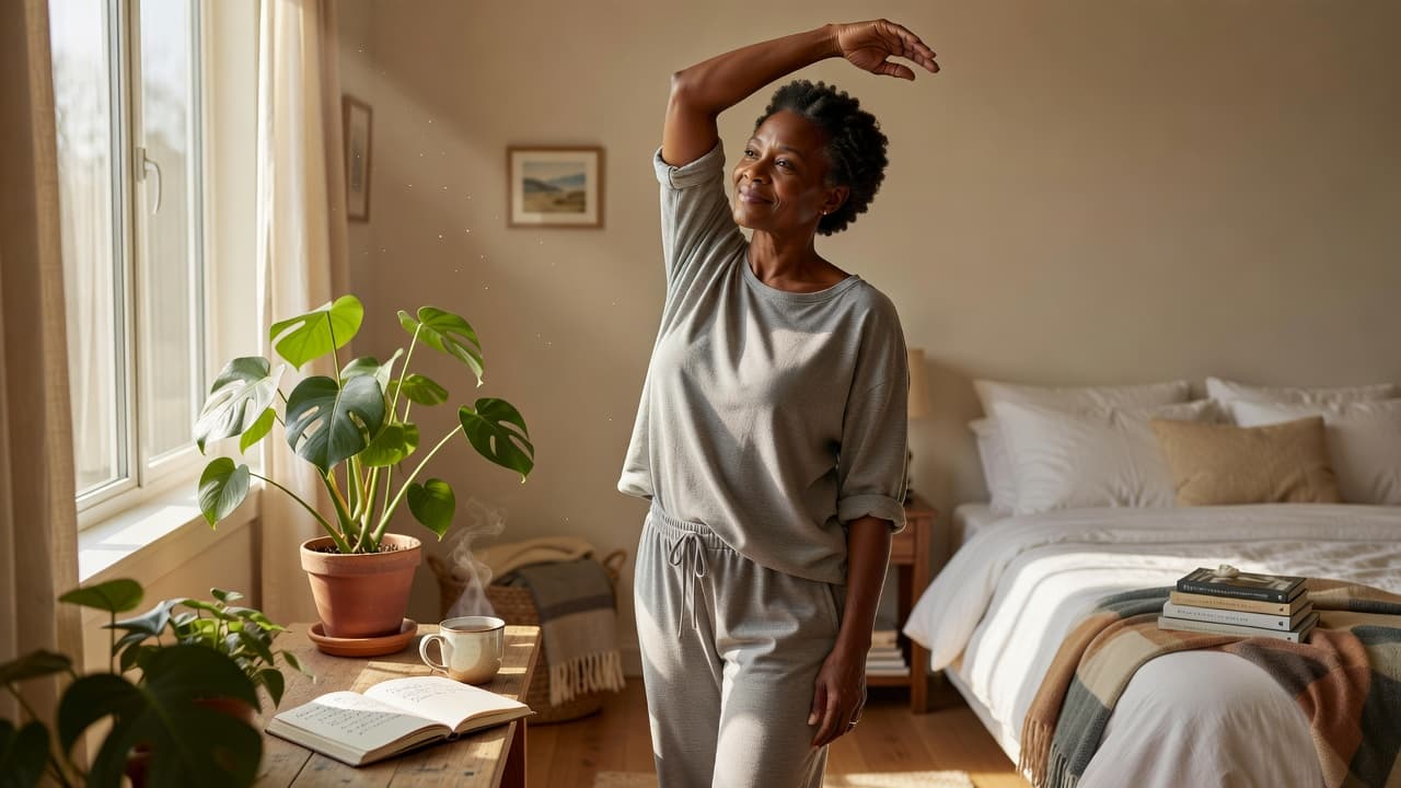 Woman doing gentle morning stretches at home as part of a healthy daily routine