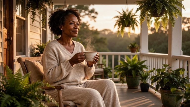 Black woman in her 40s sitting on a porch at sunrise enjoying tea and a quiet moment of self-care surrounded by plants