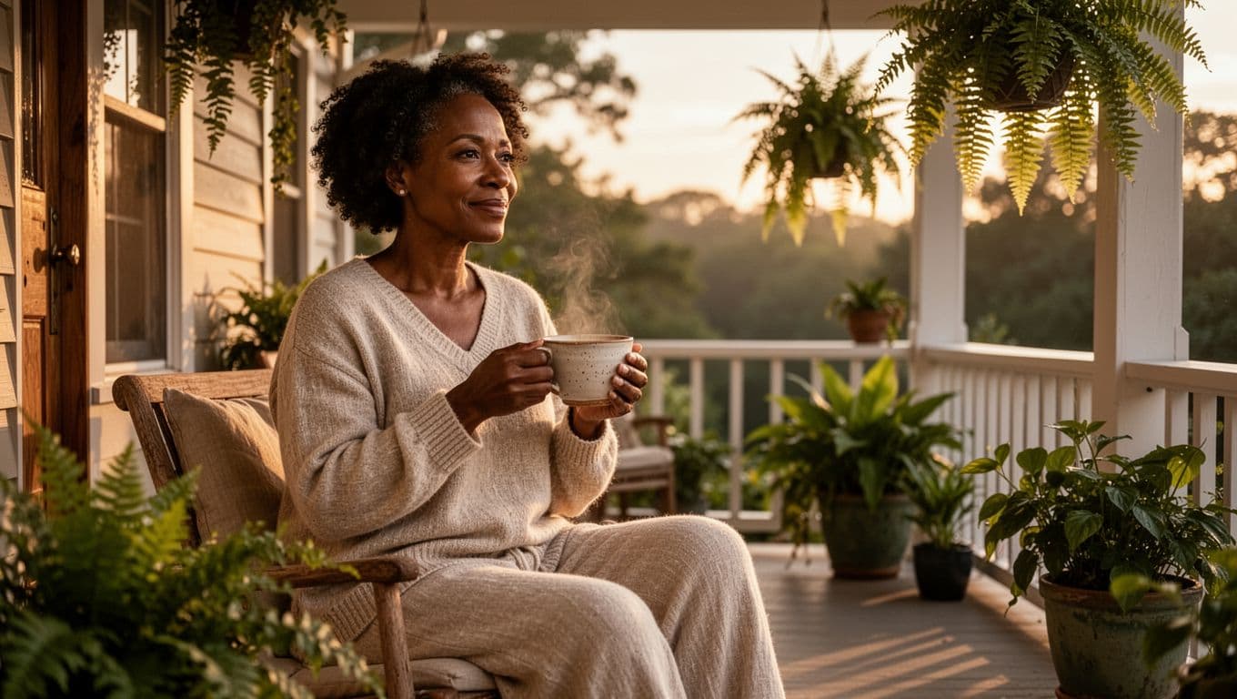 Black woman in her 40s sitting on a porch at sunrise enjoying tea and a quiet moment of self-care surrounded by plants