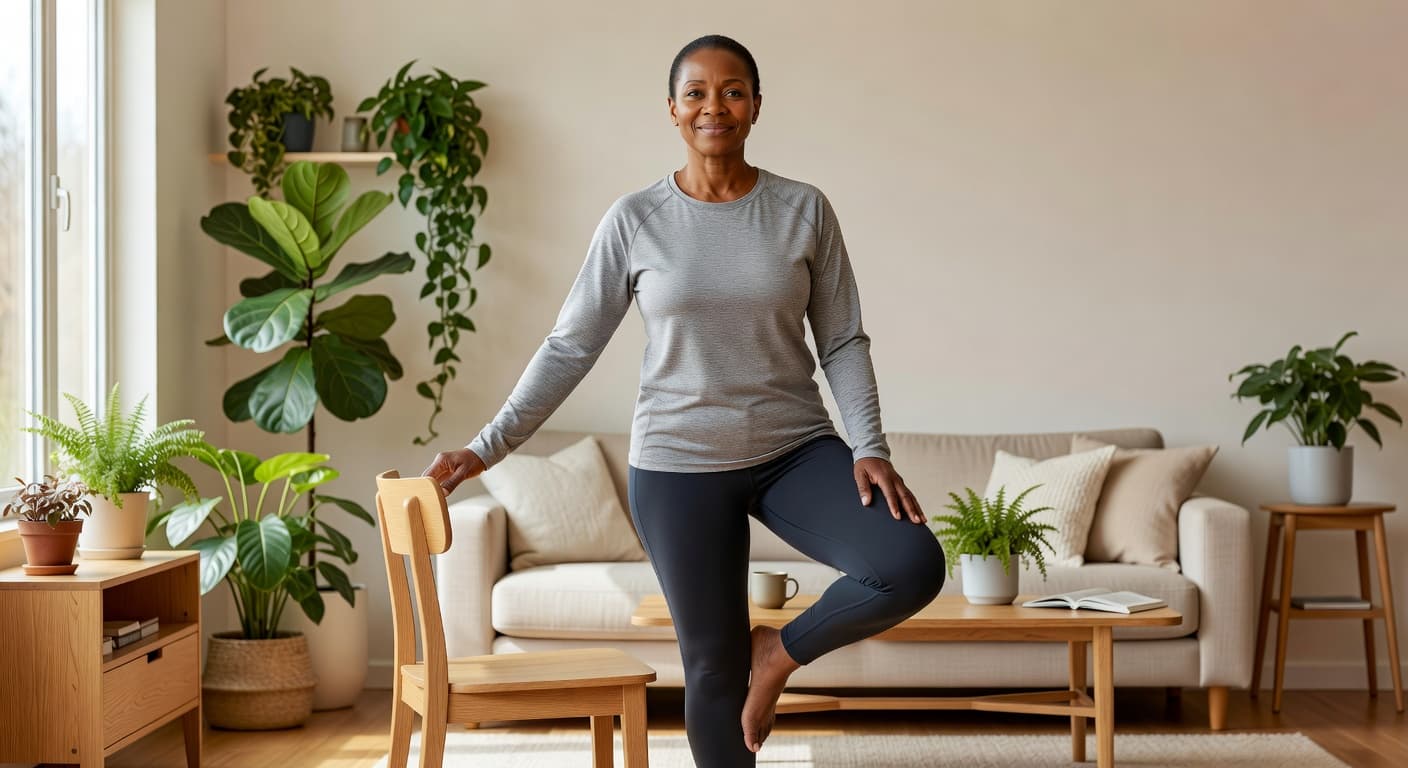 Black woman practicing a balance exercise while holding a chair in a bright living room filled with plants.